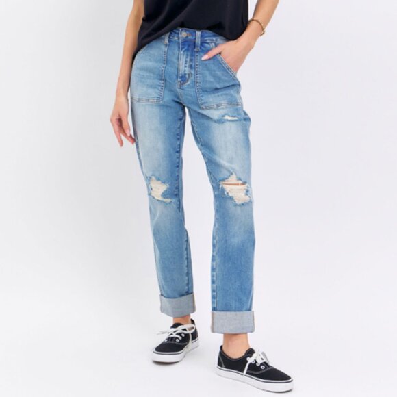 JUDY BLUE HIGH WAIST PATCH POCKET & DESTROY BOYFRIEND - Picture 4 of 6